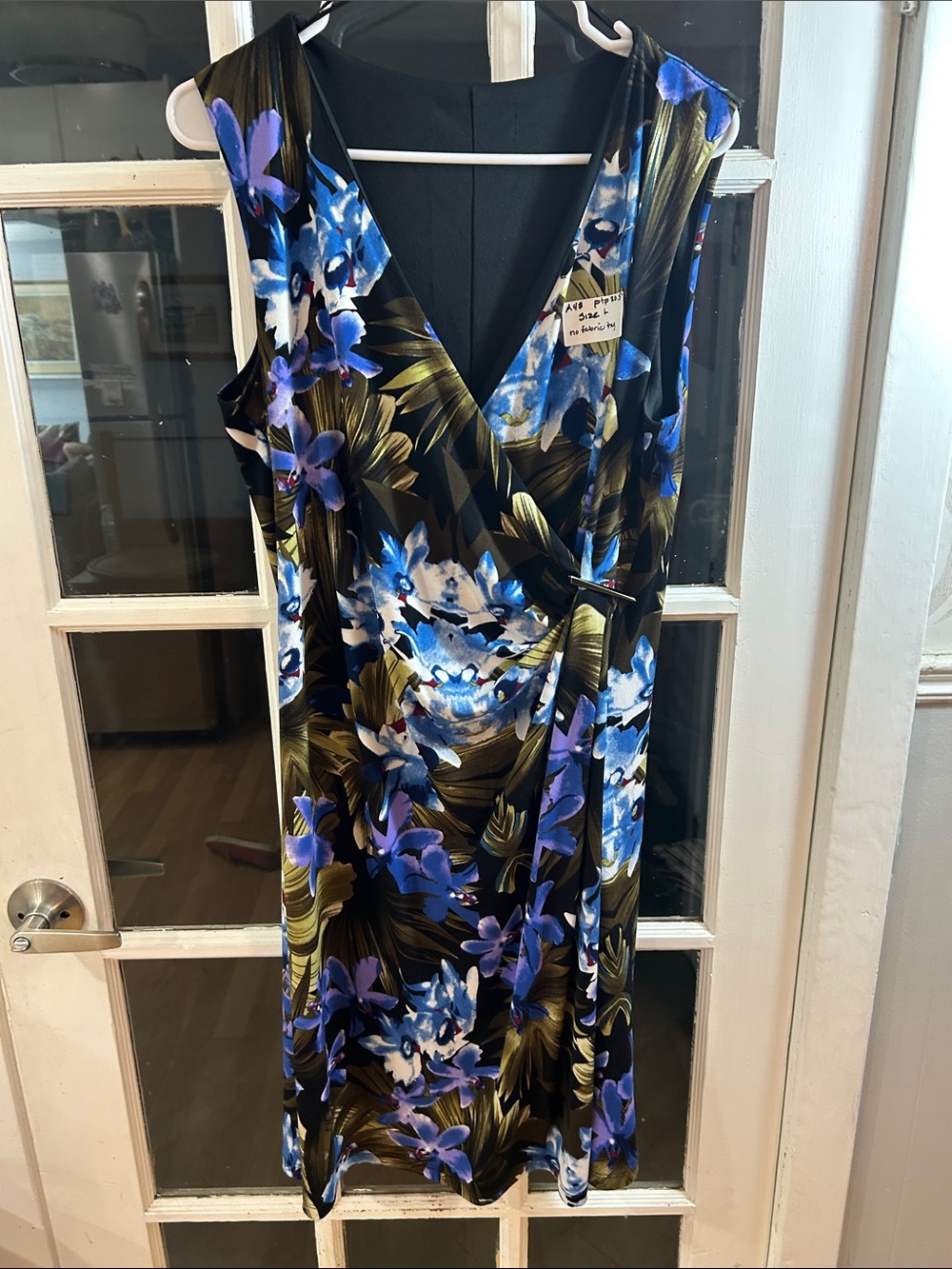 A48. Floral Wrap-Style Sleeveless Dress in Blue and Olive